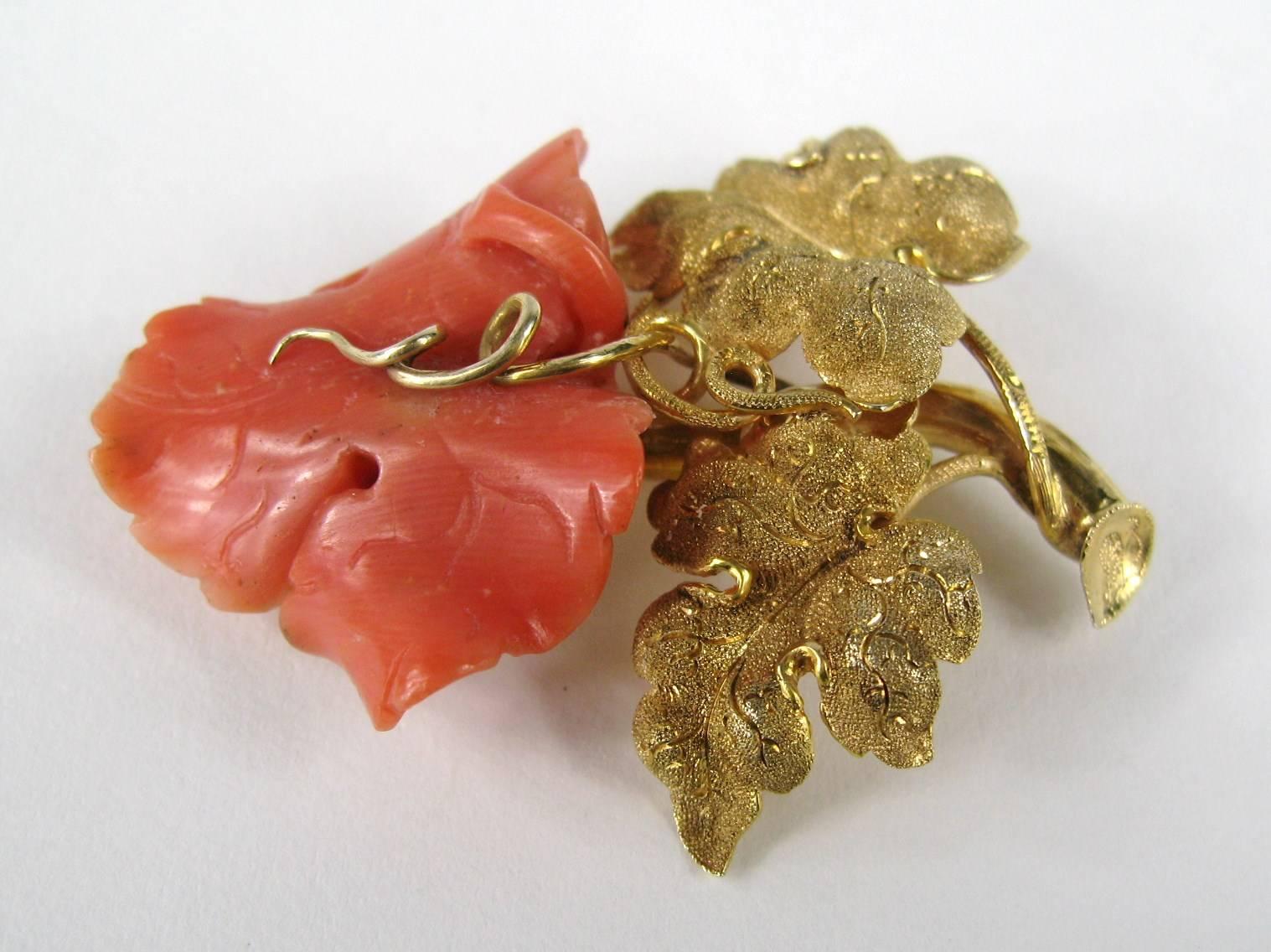 Uncut 14K Gold Hand Carved Coral Floral Pendant - Victorian  For Sale