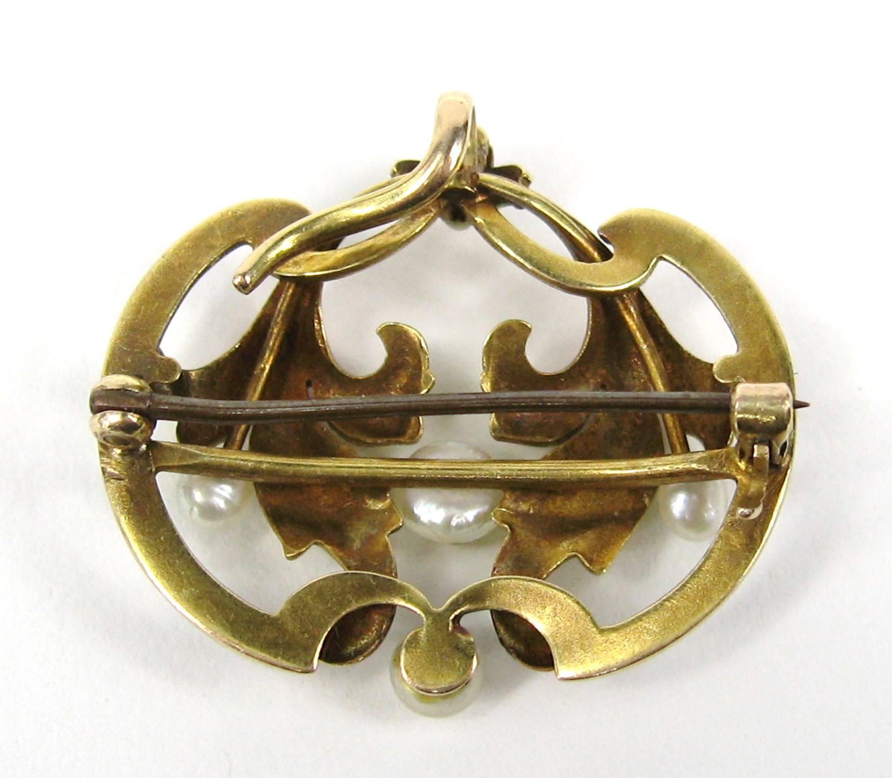 Stunning Pastel enamel work on this Art Nouveau 14K gold Pin & Pendant, 4 pearls largest is 4.36MM. Pendant measures 1.10 in x 1.00 in. Any questions please call or hit request more information. This is out of a massive collection of Contemporary
