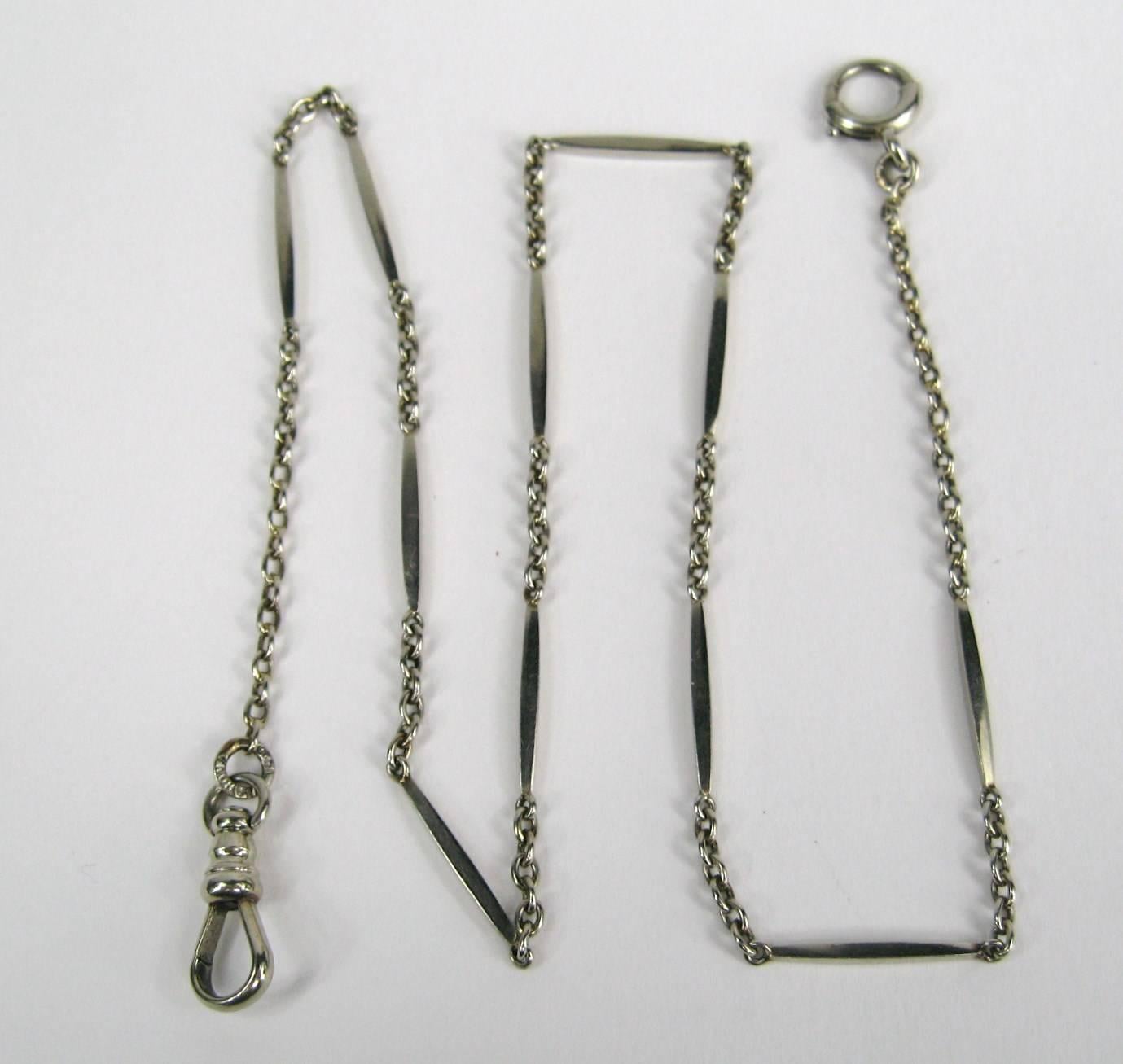 An exceptional Antique 14K White Gold Pocket Watch Fob Chain or Necklace. Stunning links on this piece, Measuring 15.88 in end to end. Bar Links measure .50 in with circle round links in between. Any questions please call or hit request more