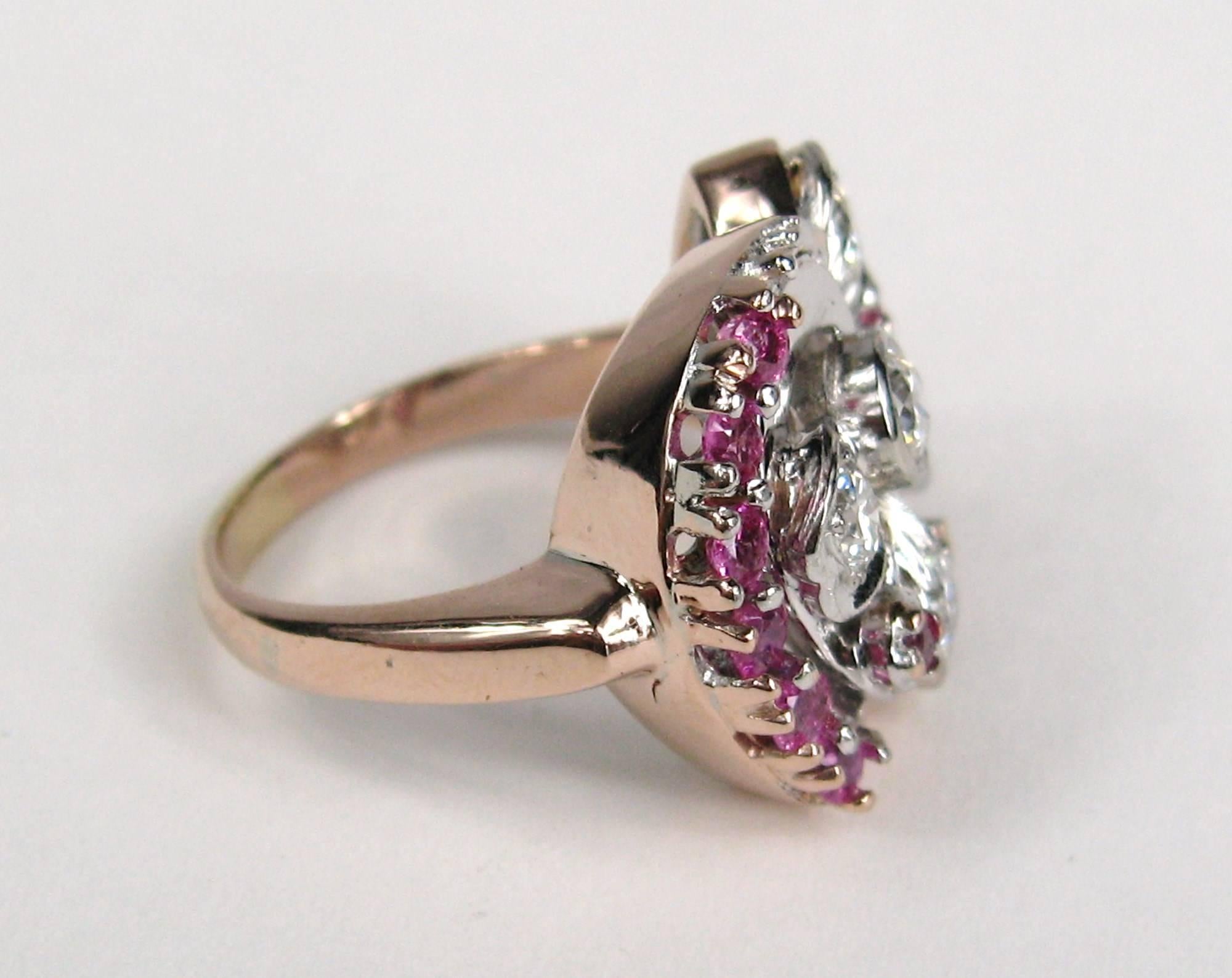 Retro Diamond Ruby 14 Karat Rose and White Gold Ring, 1940s Art Deco For Sale