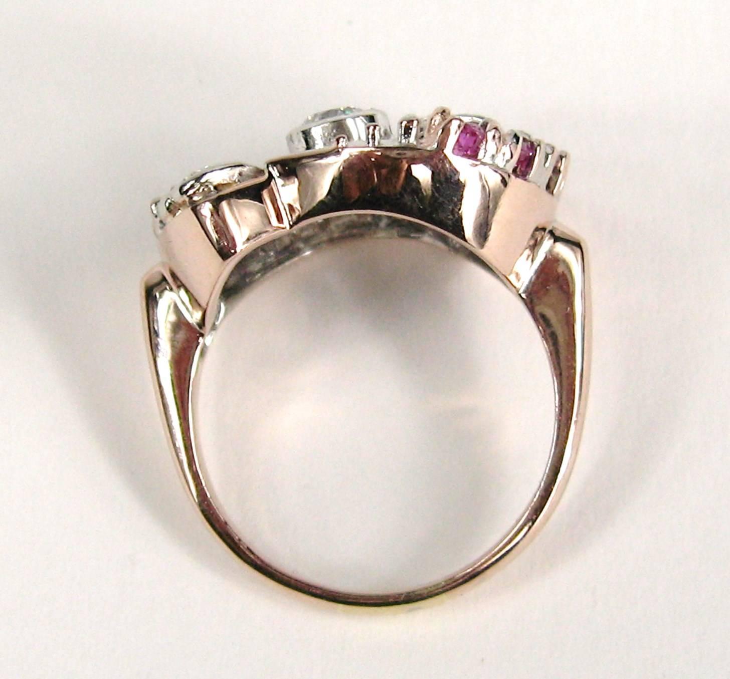 Diamond Ruby 14 Karat Rose and White Gold Ring, 1940s Art Deco In Good Condition For Sale In Wallkill, NY