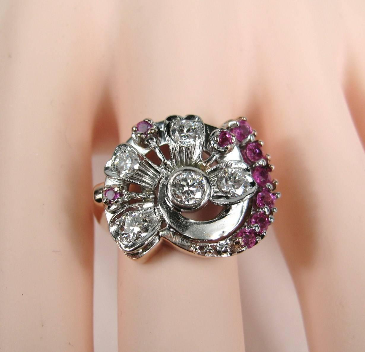 Diamond Ruby 14 Karat Rose and White Gold Ring, 1940s Art Deco For Sale 1