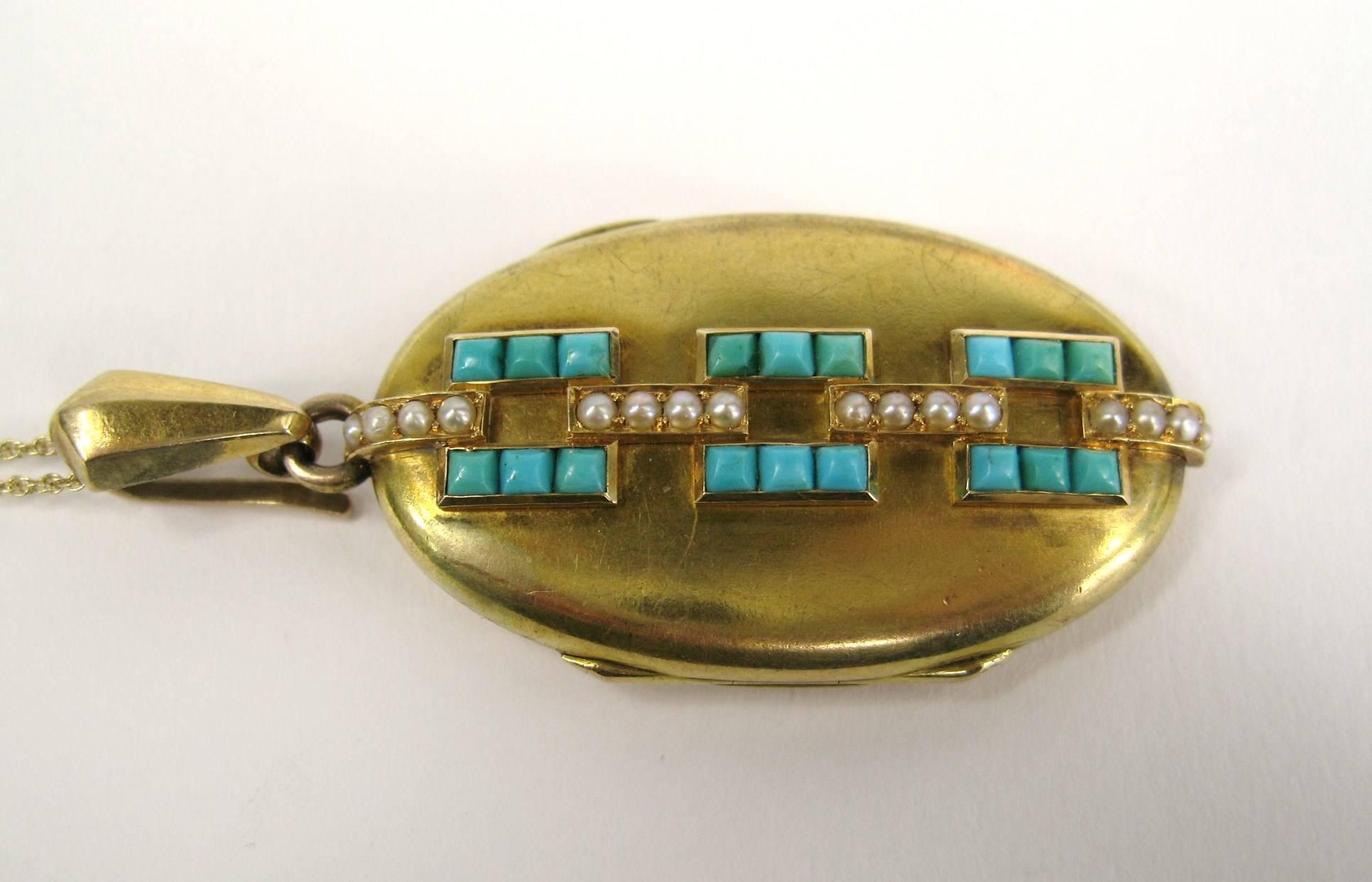 14 Karat Gold Turquoise and Seed Pearl Antique Locket, 1880s In Good Condition In Wallkill, NY
