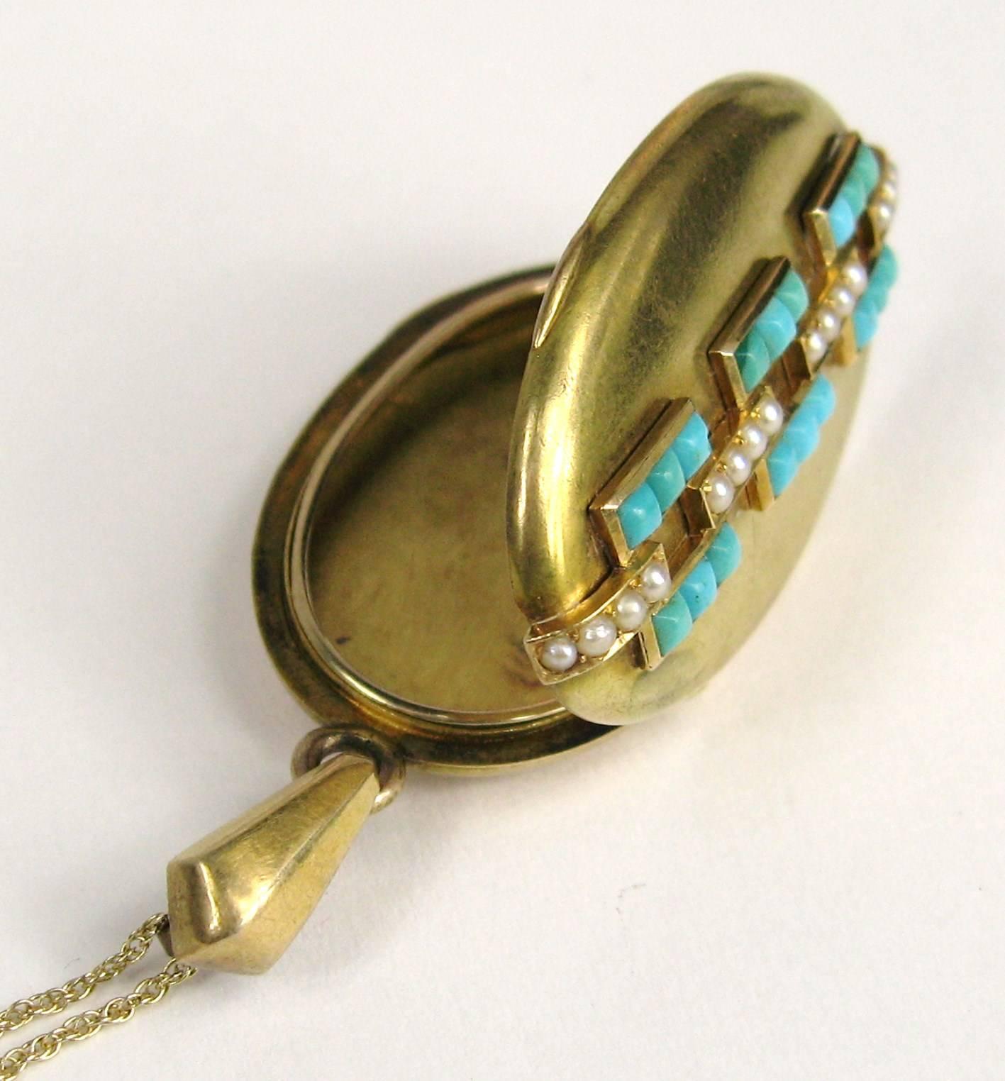 Women's 14 Karat Gold Turquoise and Seed Pearl Antique Locket, 1880s