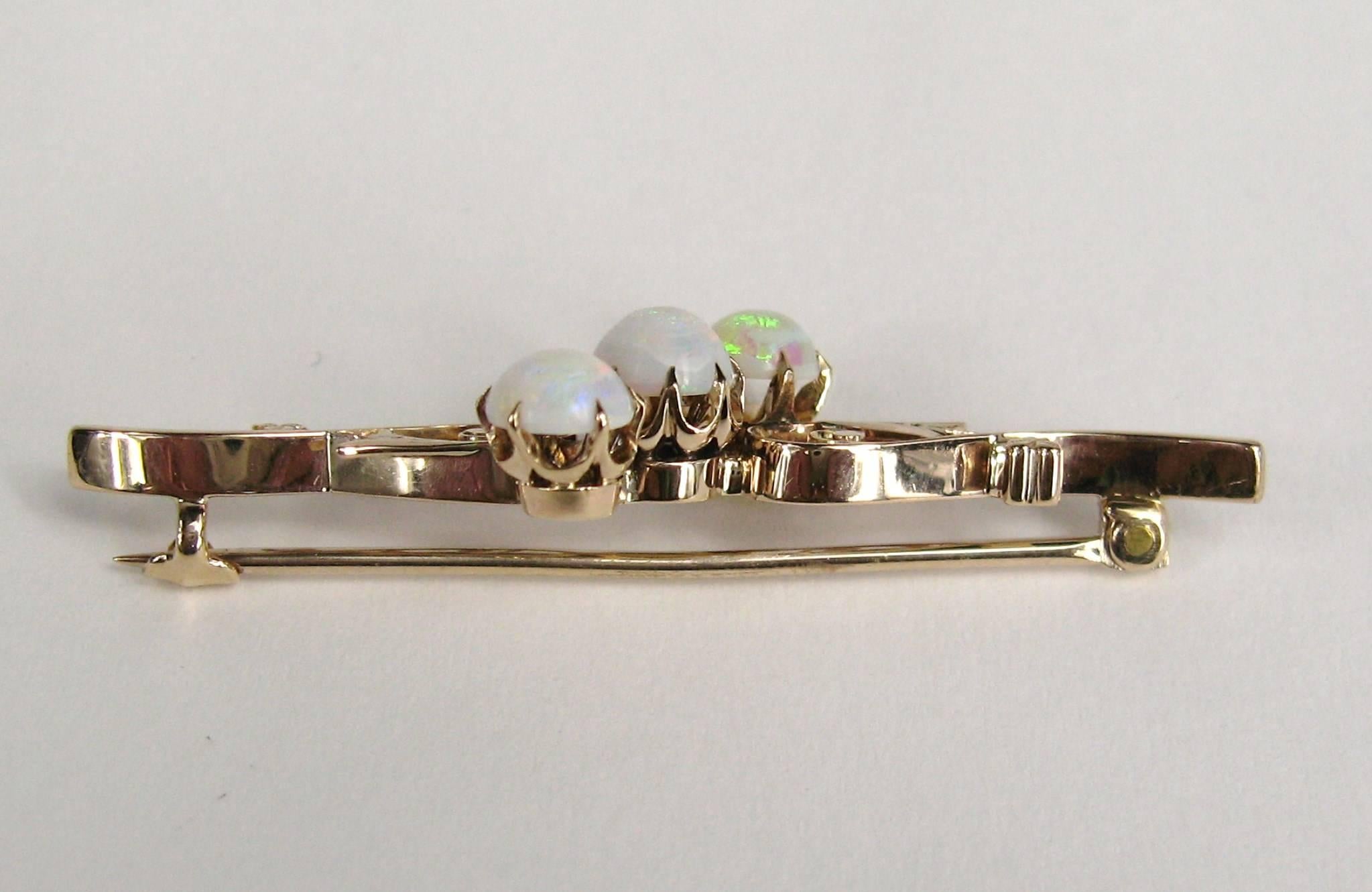 Victorian 10 Karat Rose Gold Three Opal Pin Brooch For Sale