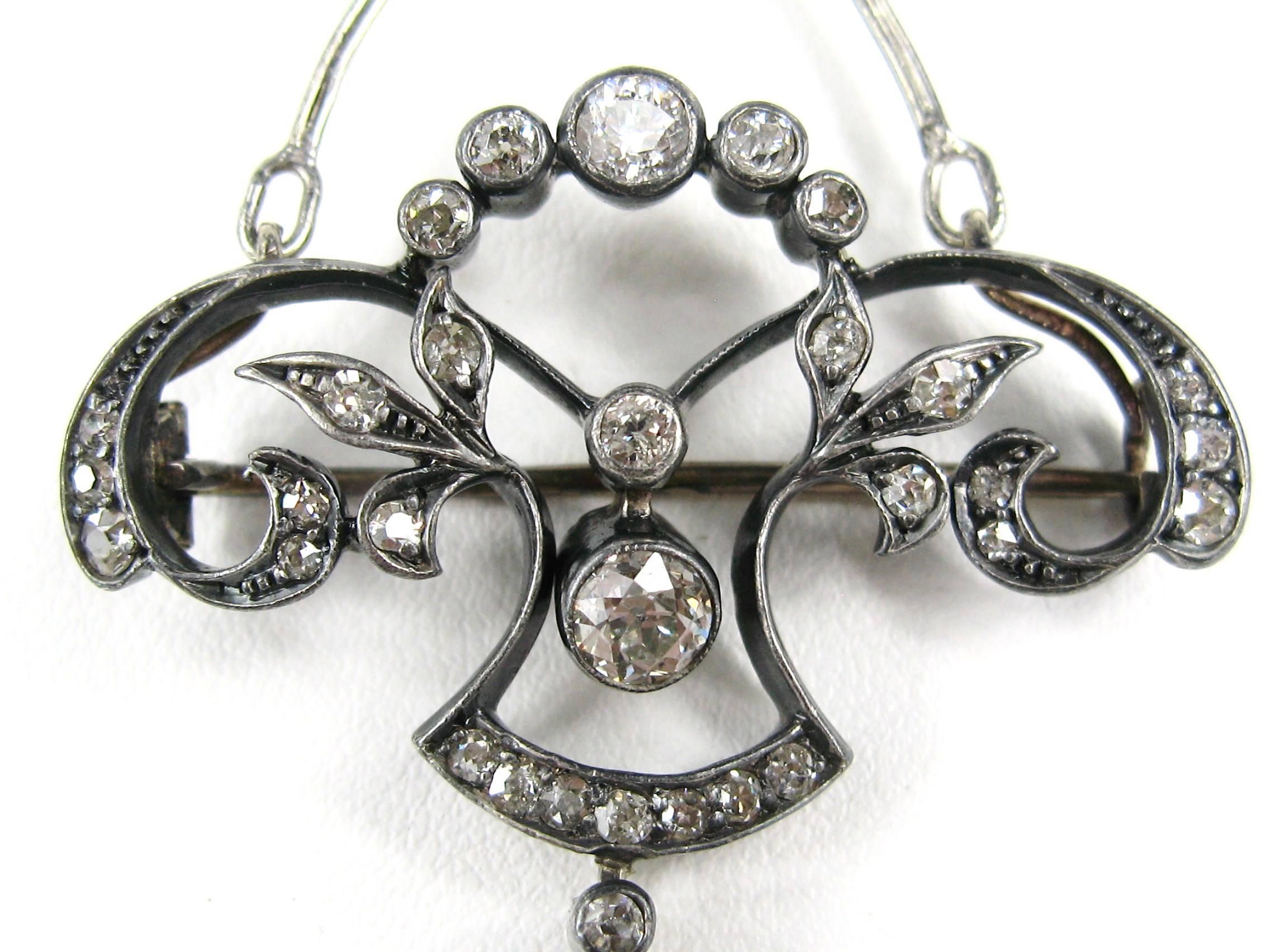 1860s Victorian Diamond Lavaliere Necklace Brooch 1.5 Carat In Good Condition For Sale In Wallkill, NY