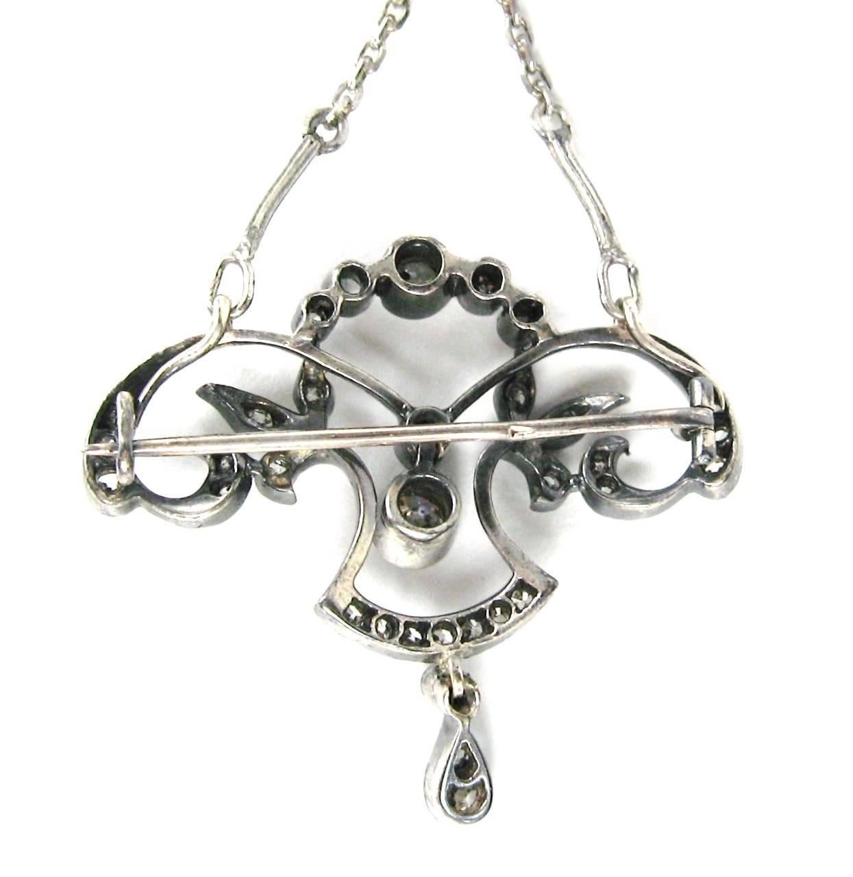 1860s Victorian Diamond Lavaliere Necklace Brooch 1.5 Carat For Sale 3