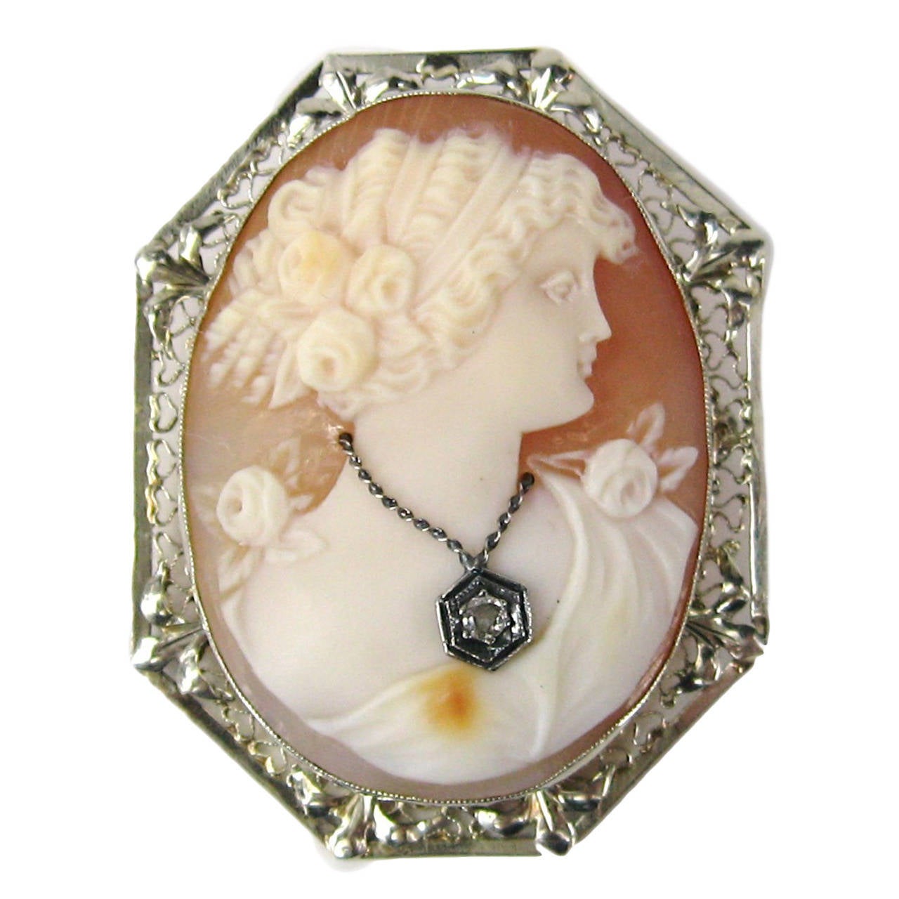 Antique Victorian White Gold Cameo and Diamond Shell Brooch Pendant