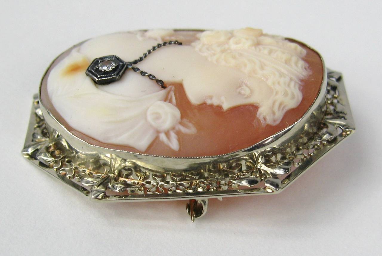 Shell Cameo set in an ornate 14K White Gold Setting. Has a fine necklace with a Diamond pendant around her neck. It is Both a Pendant and Pin, Has a fold over Bale that tucks away when worn as a brooch. Hallmarked: 14K. Size: 1 5/8 in x 1 1/4 in--