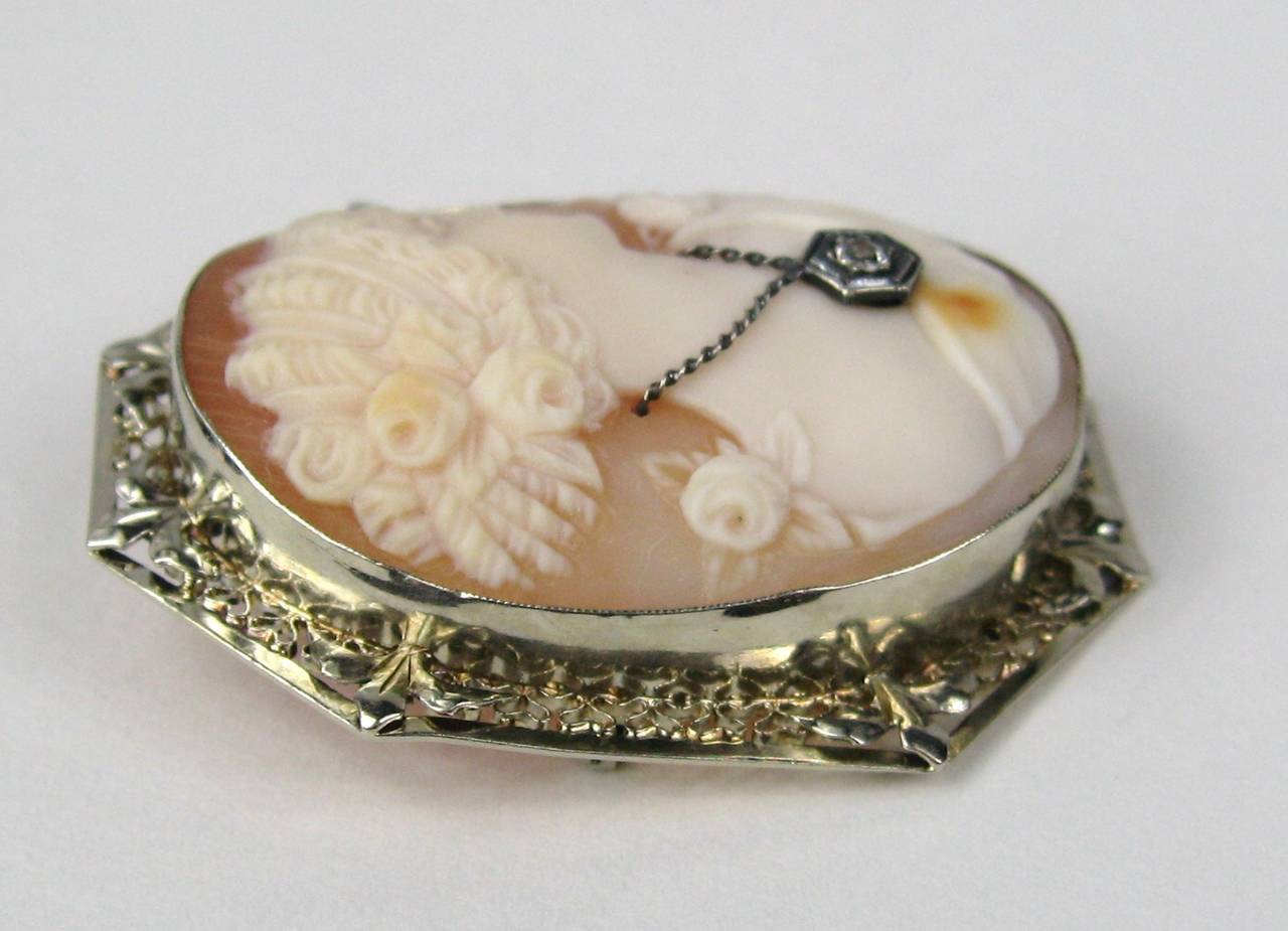 Antique Victorian White Gold Cameo and Diamond Shell Brooch Pendant In Excellent Condition In Wallkill, NY