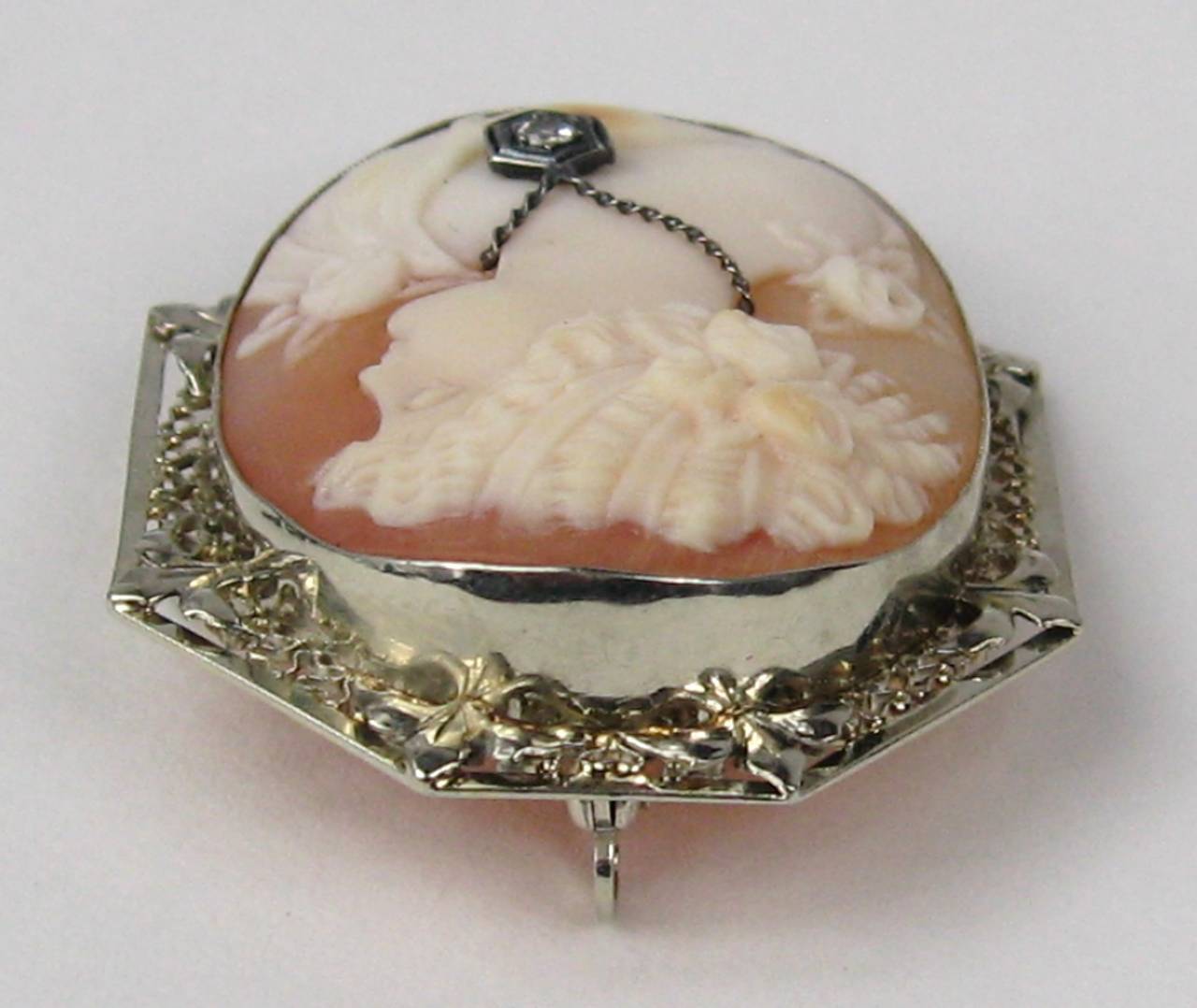 Women's Antique Victorian White Gold Cameo and Diamond Shell Brooch Pendant