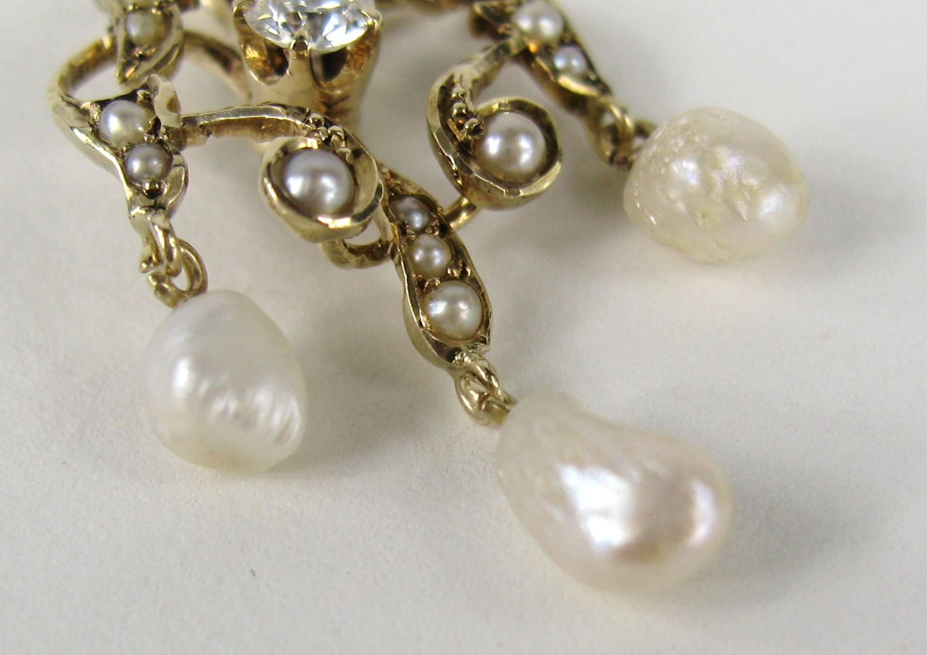 Antike viktorianische Lavaliere-Halskette aus Gold mit Diamanten und Perlen (Alteuropäischer Schliff) im Angebot