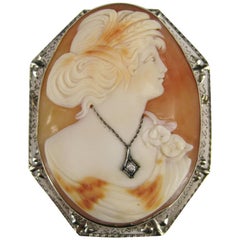Antique Victorian 14 Karat White Gold Cameo and Diamond Shell Brooch, Pendant