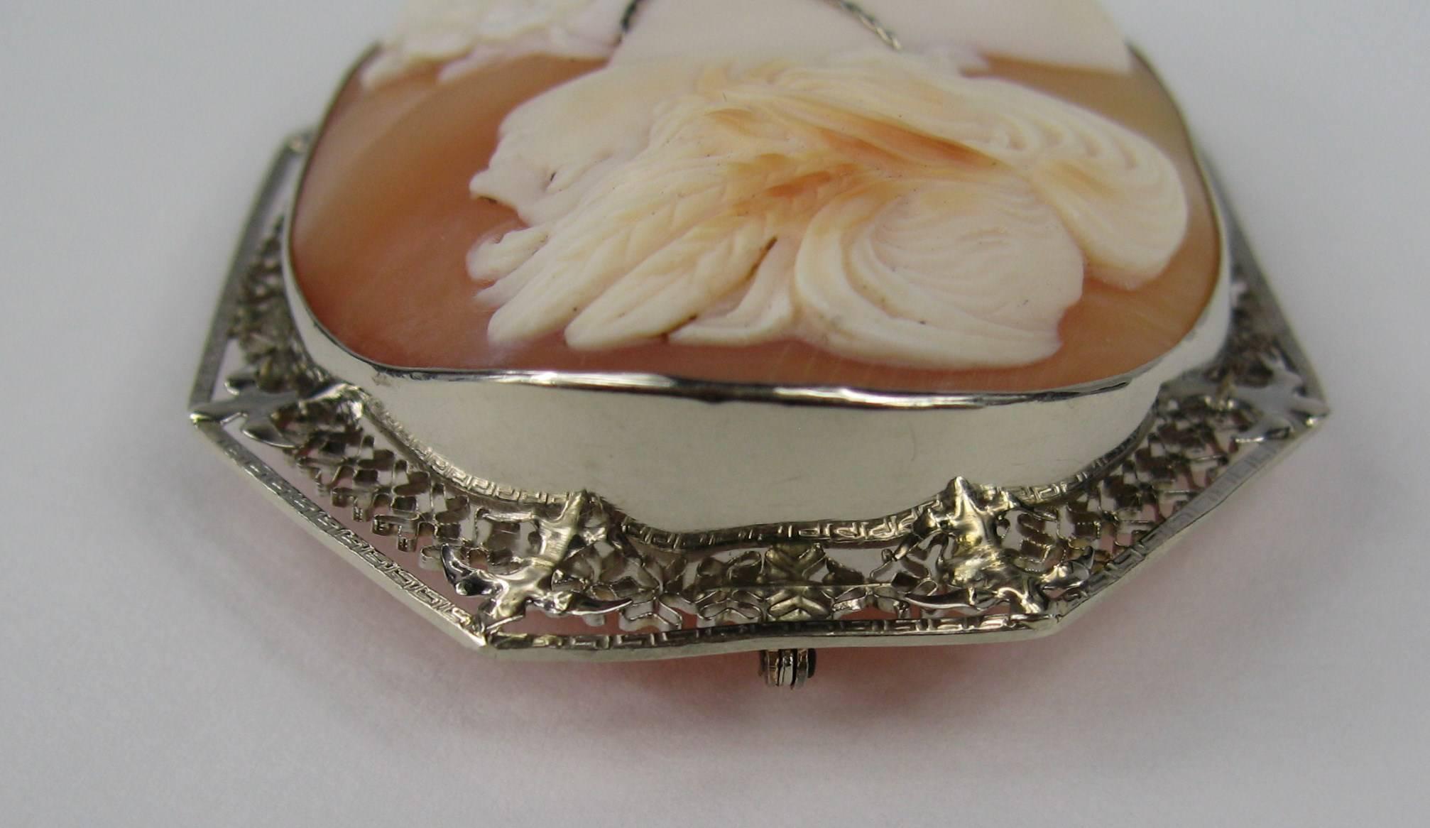 Antique Victorian 14 Karat White Gold Cameo and Diamond Shell Brooch, Pendant In Good Condition In Wallkill, NY
