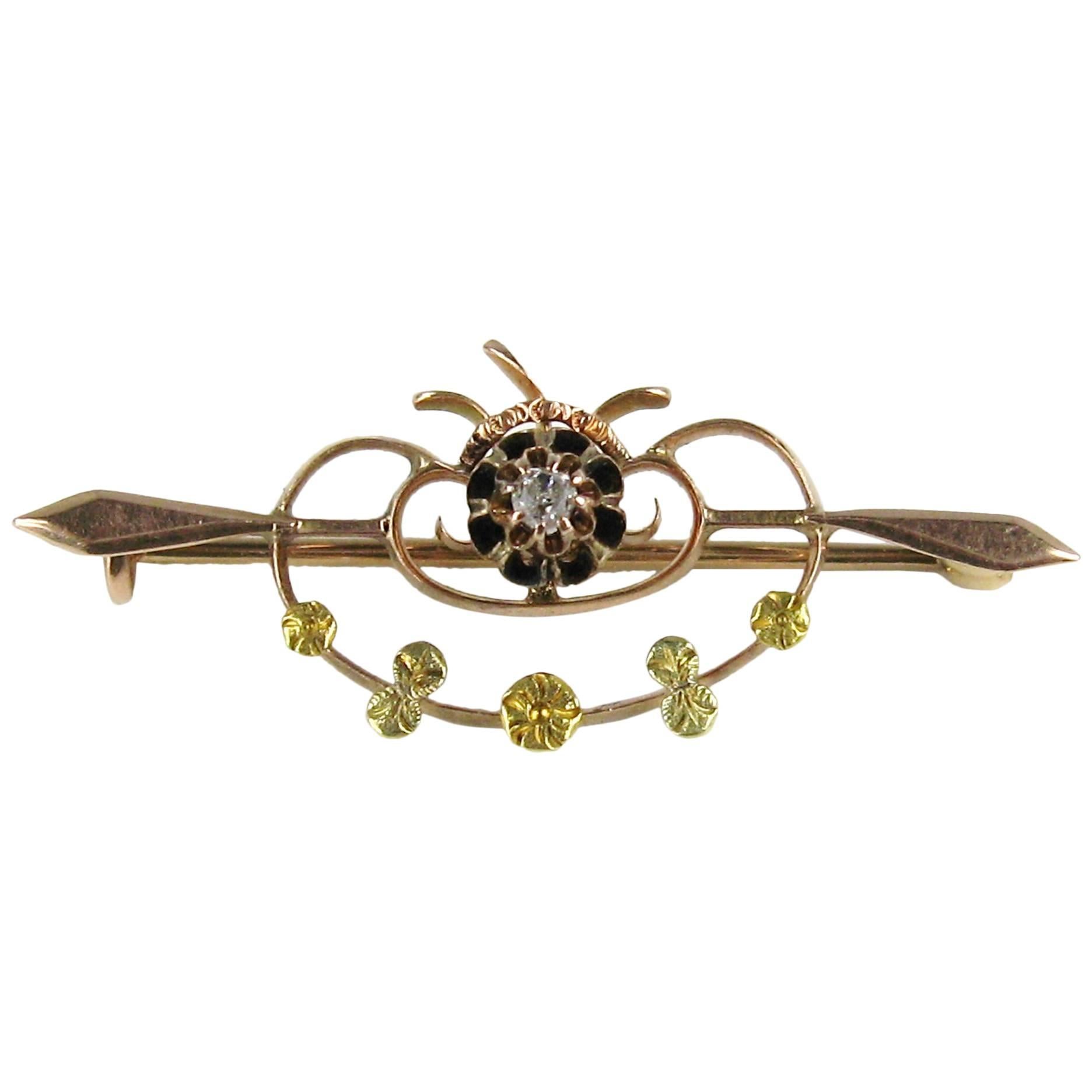 1850s Victorian Diamond Tri-Colored 14 Karat Gold Bar Pin Brooch