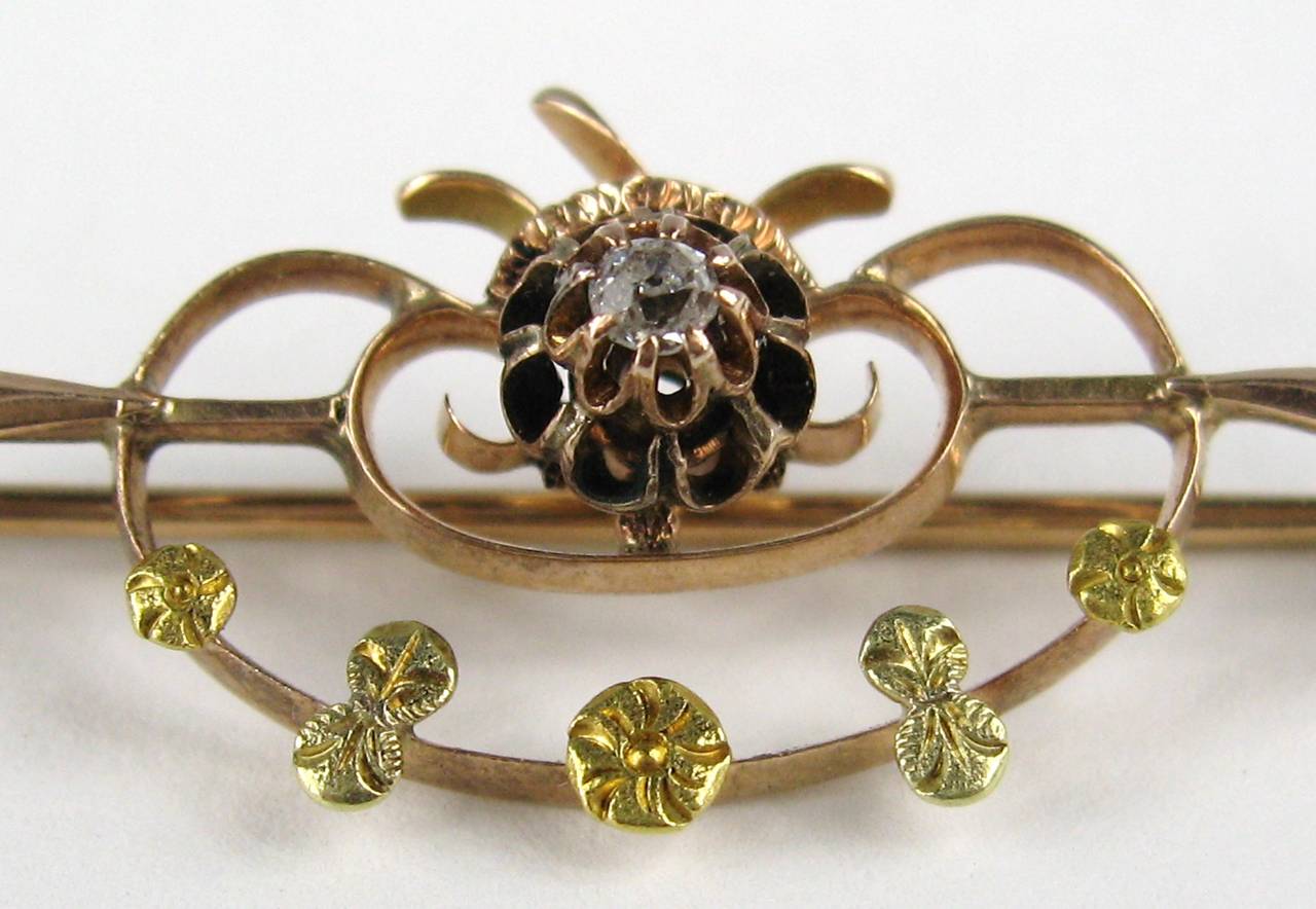 Lovely early Bar pin 14K Gold Rose, green and yellow gold, Early C style Clasp, Mine cut Diamond Measuring 1.63 in x .63 in. Be sure to check our storefront for more fabulous pieces from this collection. We have been selling this collection on 1st