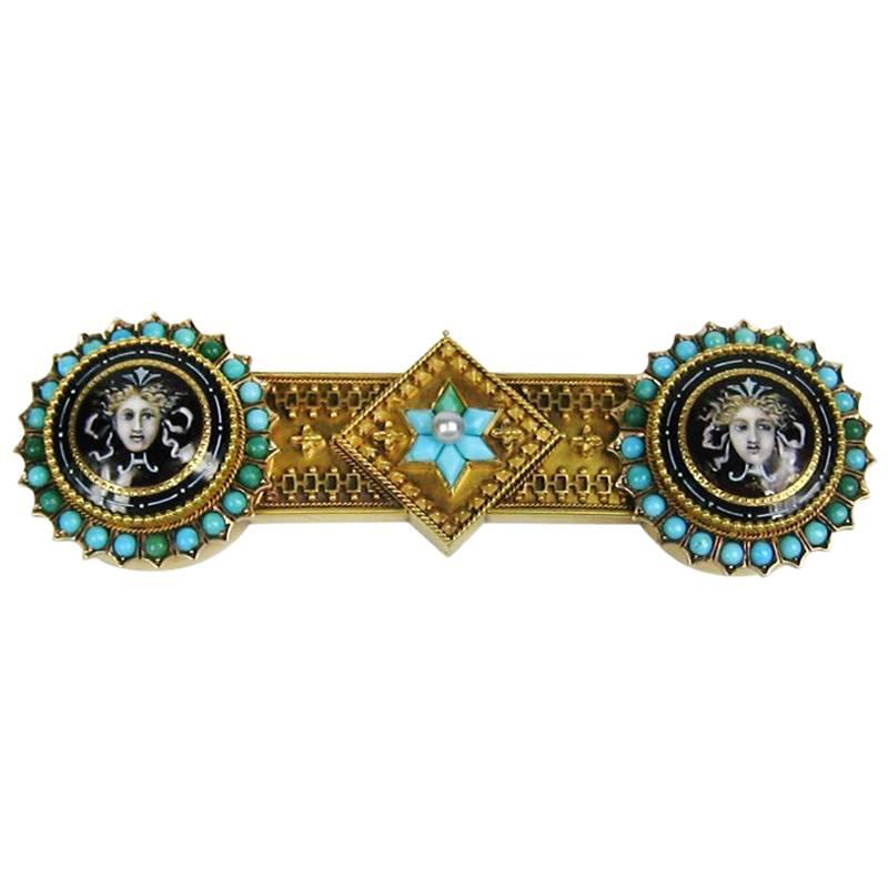 Victorian 18 Karat Gold Hand-Painted Porcelain Mythical Bar Brooch For Sale