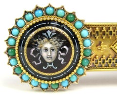 Victorian 18 Karat Gold Hand-Painted Porcelain Mythical Bar Brooch