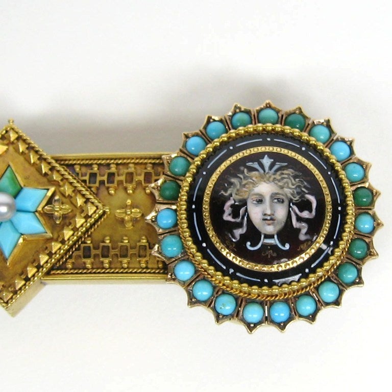 Bead Victorian 18 Karat Gold Hand-Painted Porcelain Mythical Bar Brooch For Sale