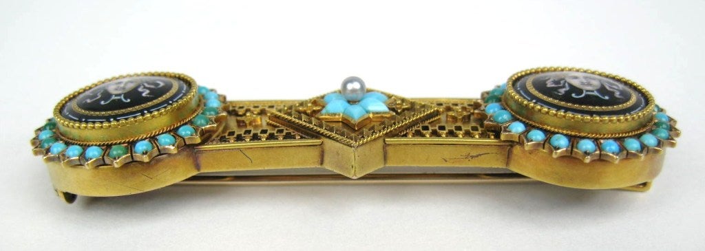 Victorian 18 Karat Gold Hand-Painted Porcelain Mythical Bar Brooch In Good Condition For Sale In Wallkill, NY