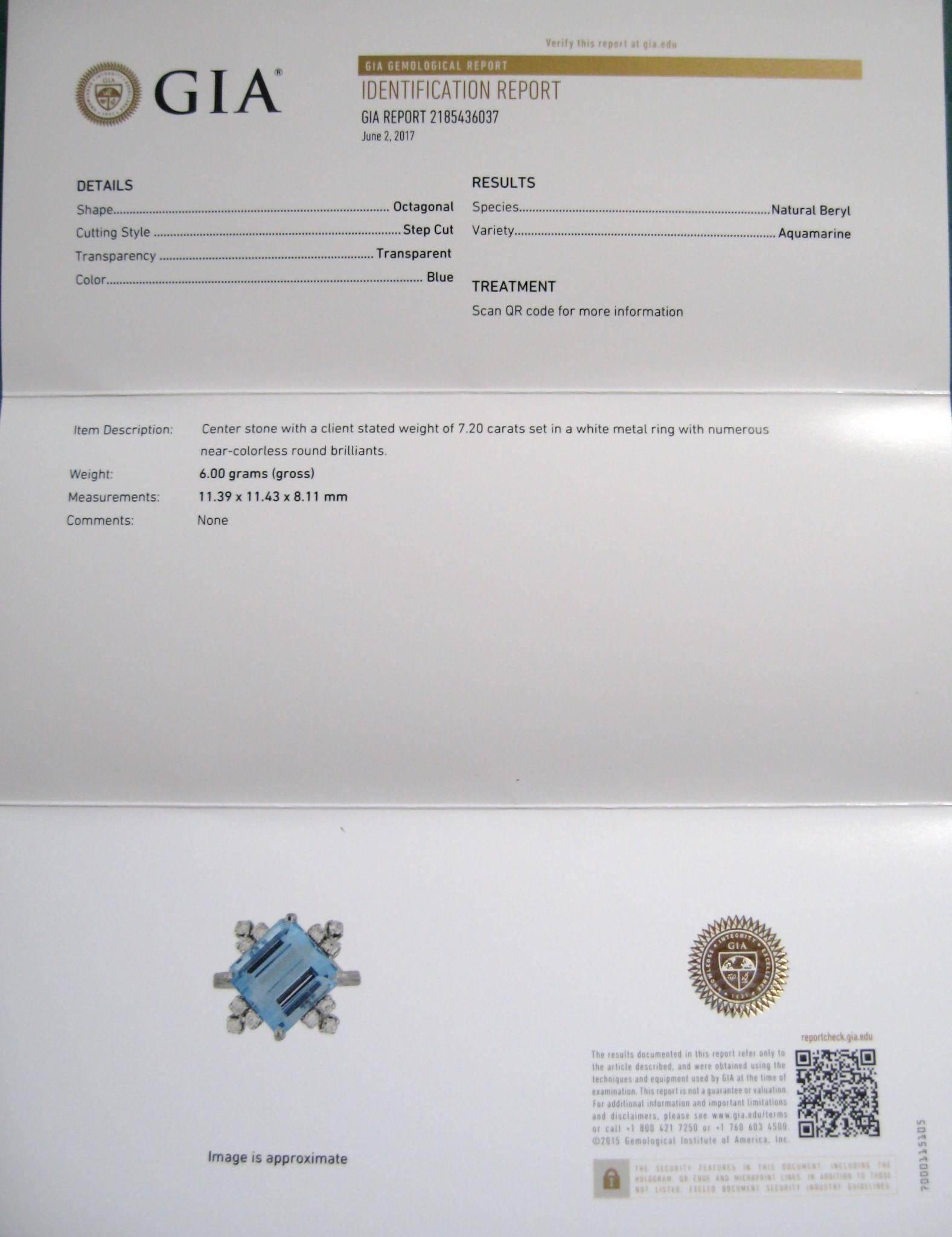 Bague en or 18 carats avec aigue-marine bleue certifiée GIA de 7,2 carats et diamants en vente 1