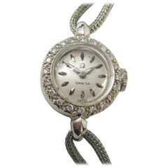Vintage Omega Ladies White 14 Karat Gold Diamond Wristwatch Watch