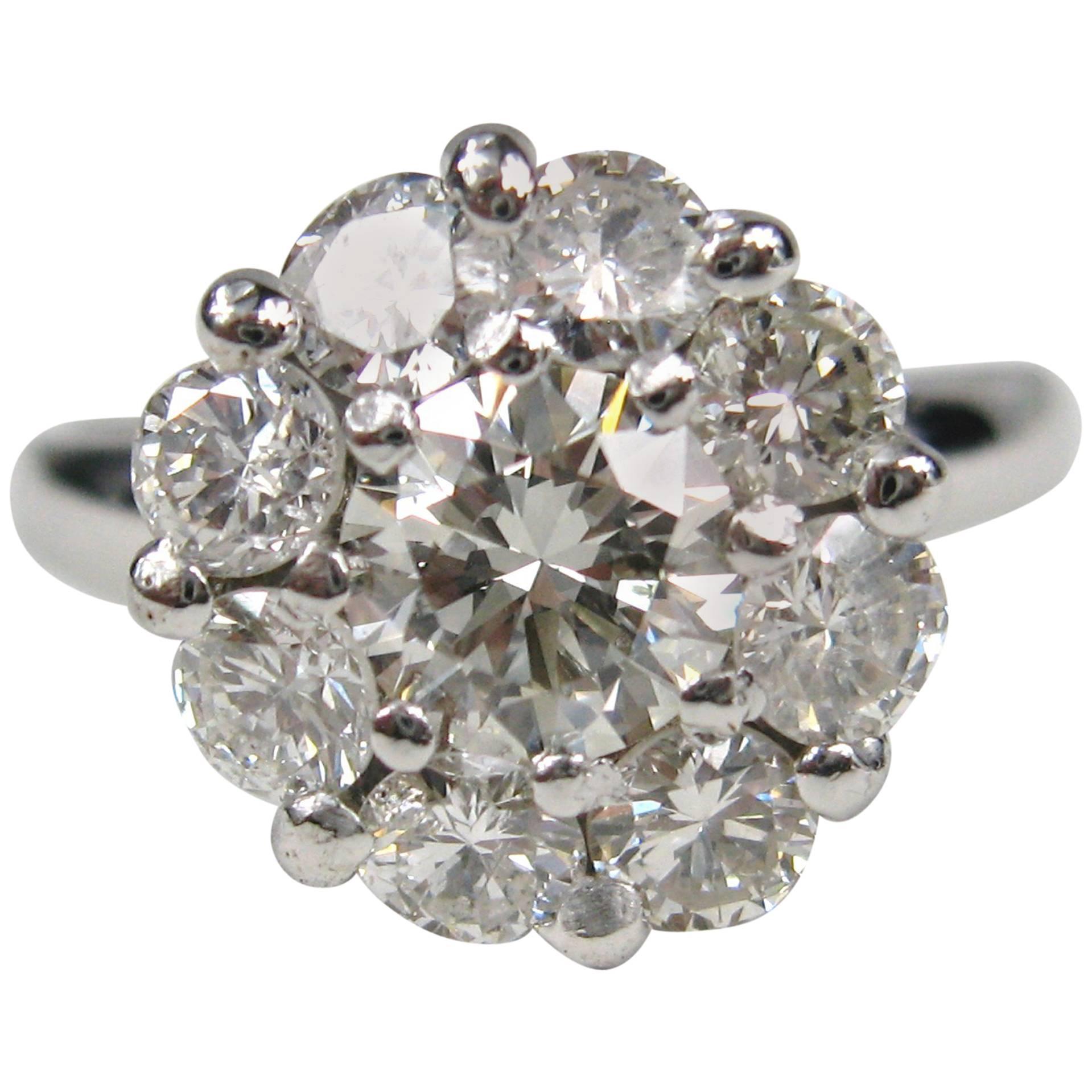 1.85 Carats Diamond Cluster White 14 Karat Gold Ring 1940s For Sale