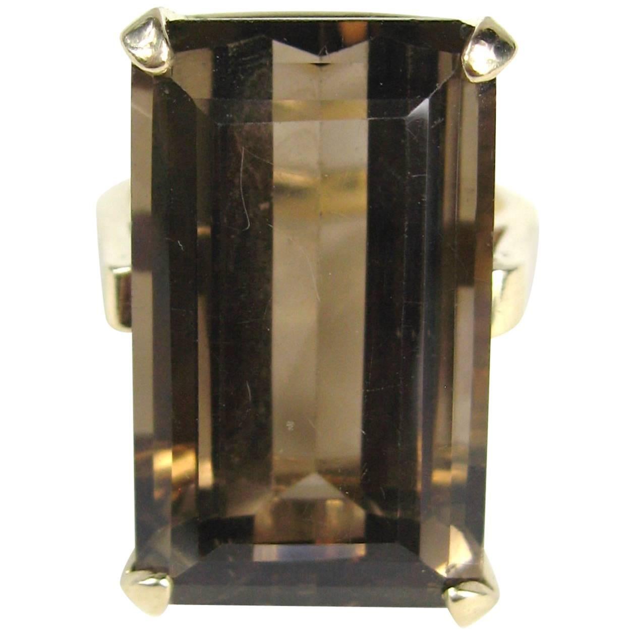 25 Carat Smokey Quartz Emerald Cut 14 Karat Gold Ring 1960s