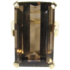 Vintage 25 Carat Smokey Quartz Emerald Cut 14 Karat Gold Ring 1960s