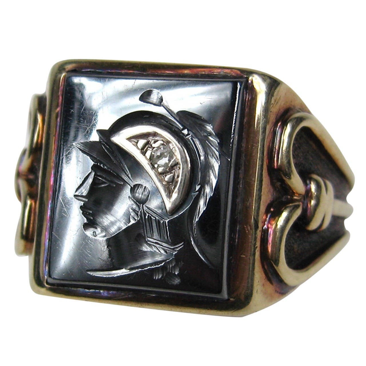 Hematite Diamond 14 Karat Gold Intaglio Ring