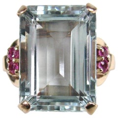 Vintage Stunning GIA Certified 16.25 Carat Emerald Cut Aquamarine Ruby 14K Gold Ring