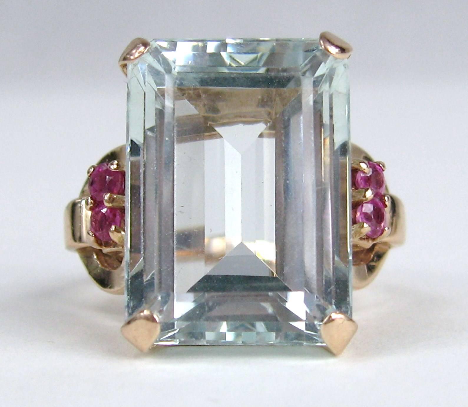 Women's Stunning GIA Certified 16.25 Carat Emerald Cut Aquamarine Ruby 14K Gold Ring
