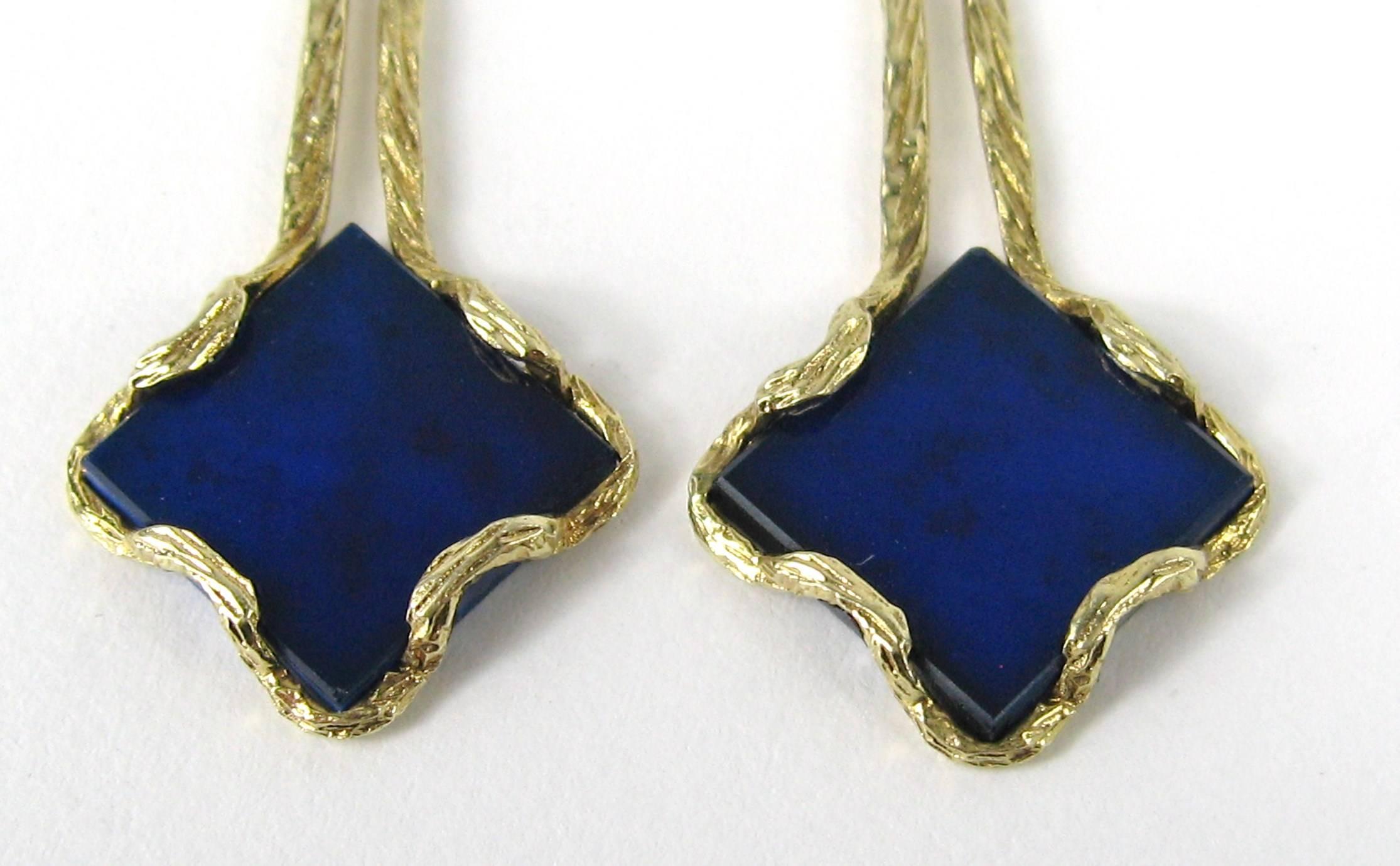 Dangle earrings Lapis Lazuli 14K Gold. Measuring 2 in Length x .71 in Wide. Costume Made pieces.   Pierced earrings.  This is out of a massive collection of Hopi, Zuni, Navajo, Southwestern, sterling silver, (costume jewelry that was not worn)  and