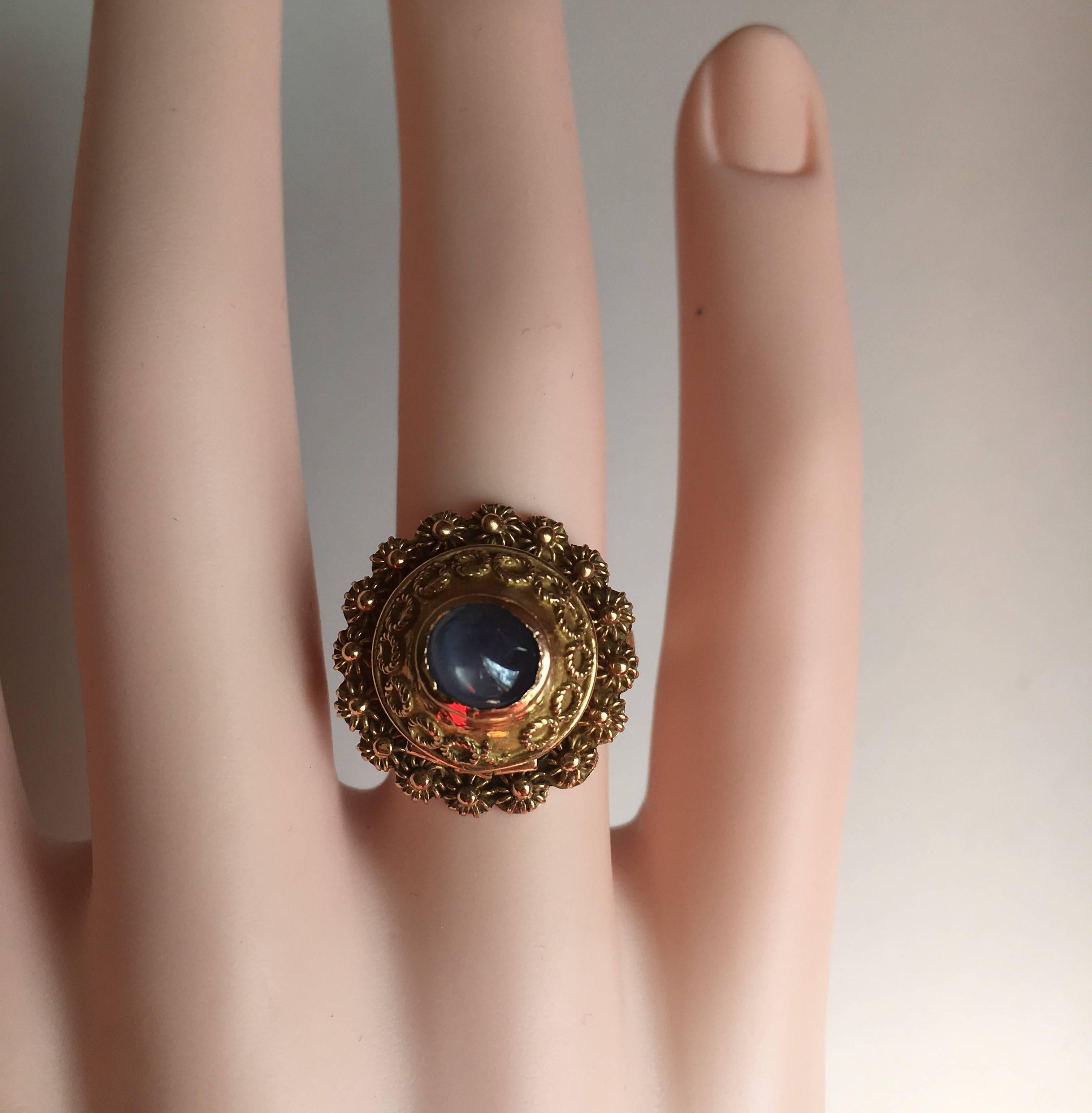 14 Karat Gold Victorian Blue Sapphire Poison Ring 2