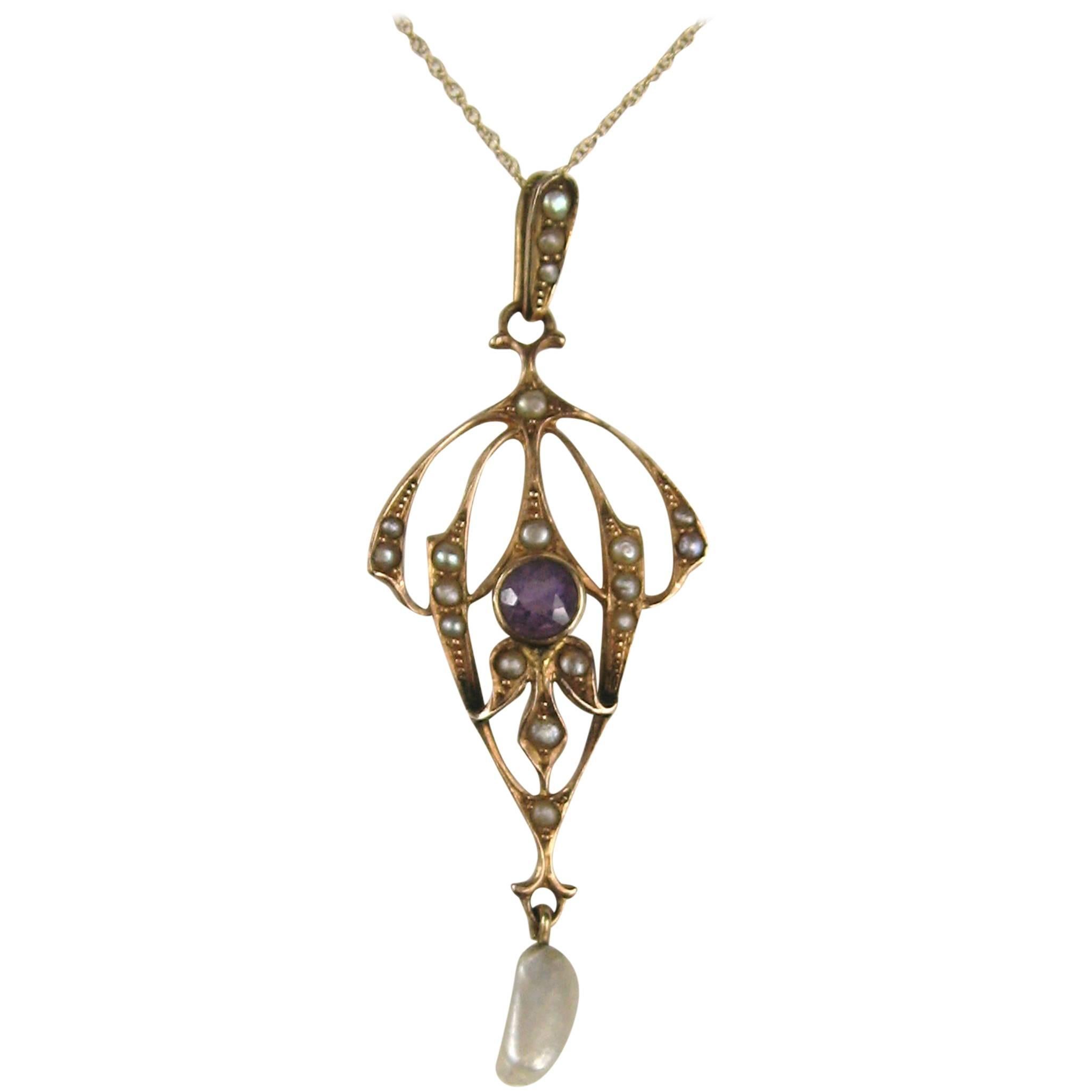 14 Karat Gold Victorian Lavalier Seed Pearl Amethyst Necklace 1860s 