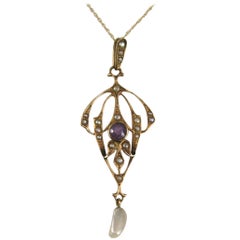 14 Karat Gold Victorian Lavalier Seed Pearl Amethyst Necklace 1860s