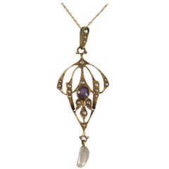 14 Karat Gold Victorian Lavalier Seed Pearl Amethyst Necklace 1860s 