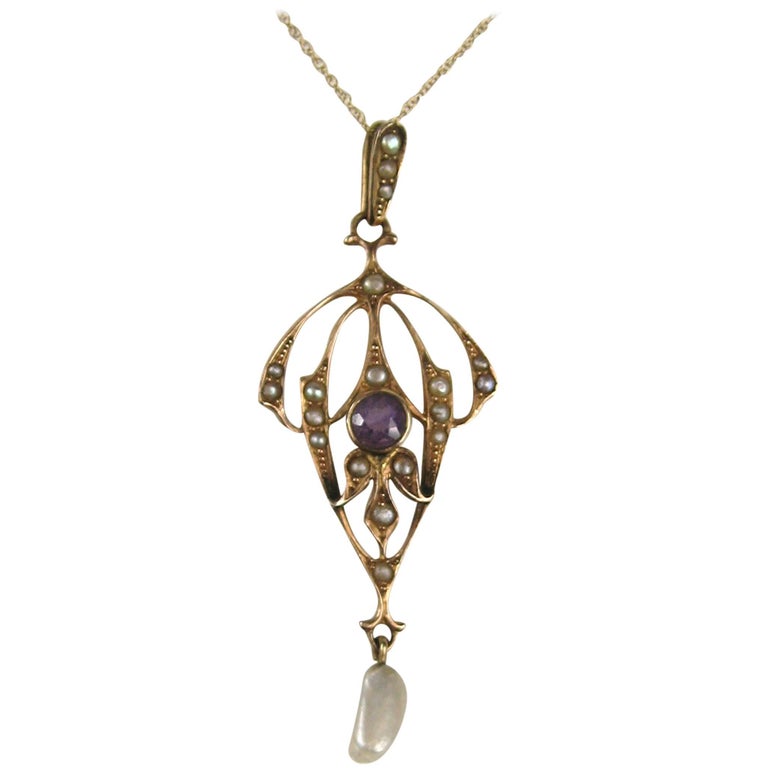 1860s Gold Victorian Lavalier Seed Pearl Amethyst Necklace For Sale at ...