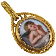 18 Karat Gold Cherub Locket Antique Hand Painted on Porcelain 