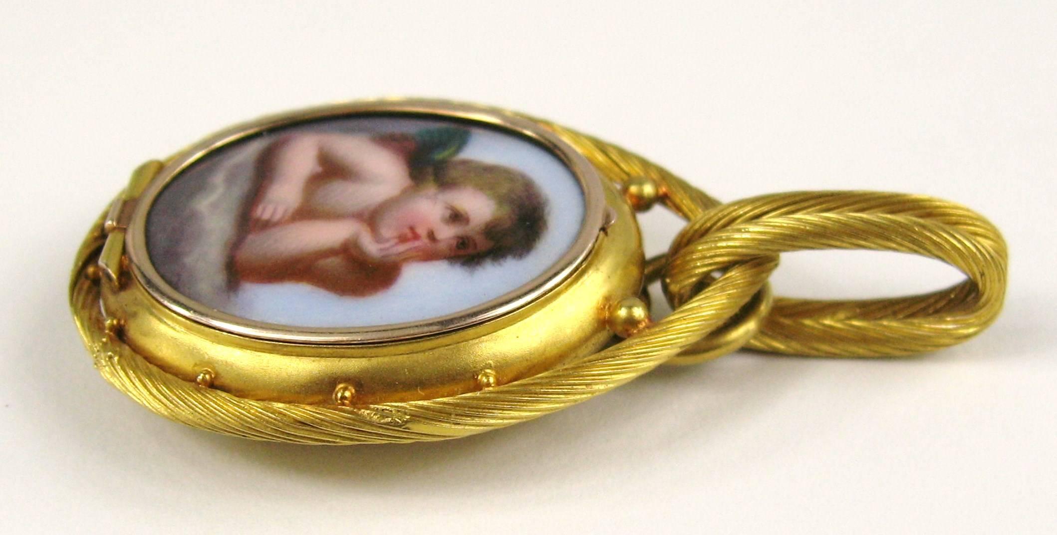 Take a look at this stunning antique locket with a cherub on the front as well as a cross on the back. The locket is 20KT Cross is 18K. Handmade beauty! 
One fine example of Antique Jewelry. The front displays the most beautiful and elegant