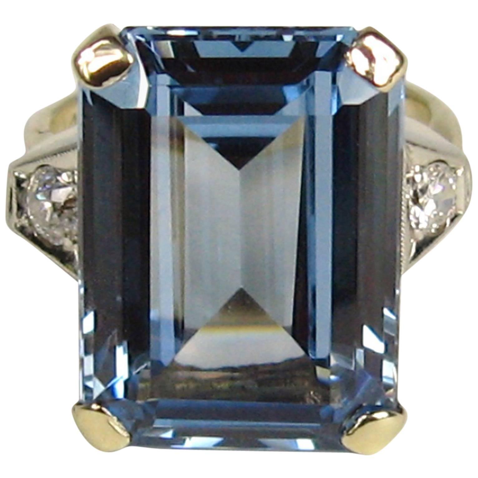 1940s Emerald Cut 15 Carat Blue Topaz Diamond Gold Ring