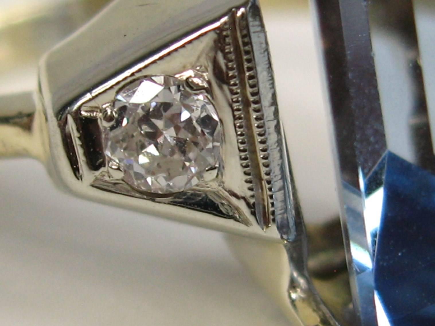 1940s Emerald Cut 15 Carat Blue Topaz Diamond Gold Ring In Excellent Condition In Wallkill, NY