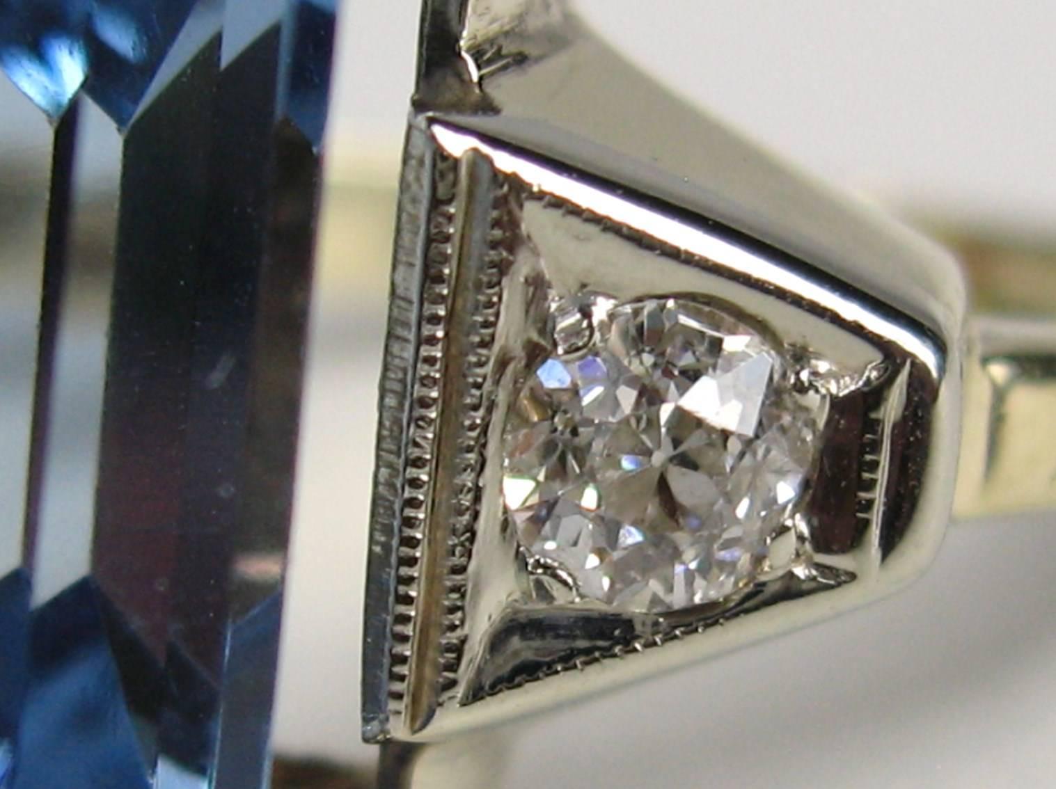 1940s Emerald Cut 15 Carat Blue Topaz Diamond Gold Ring 1