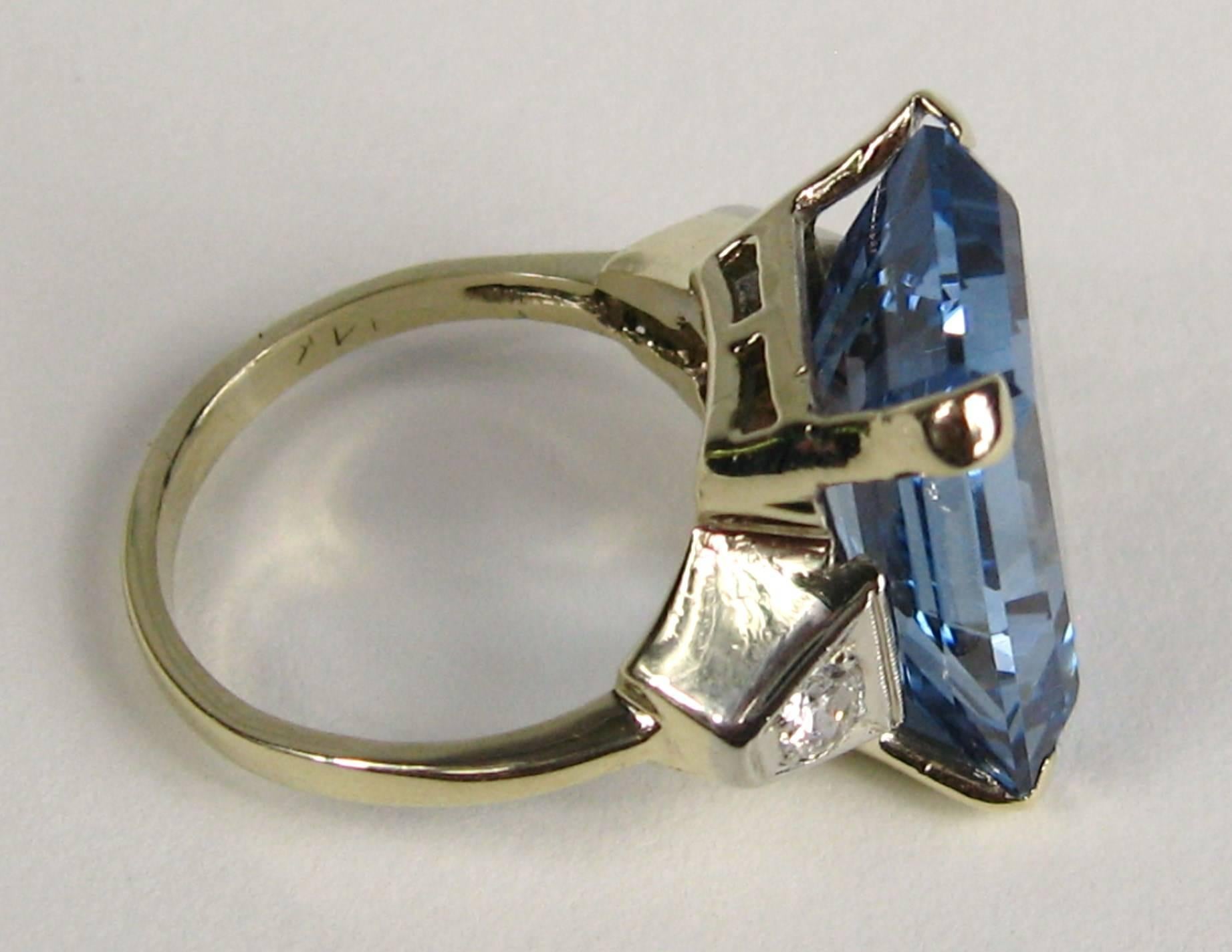 1940s Emerald Cut 15 Carat Blue Topaz Diamond Gold Ring 2
