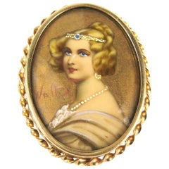 Antique 14 Karat Gold Hand Painted Portrait Brooch Pin Pendant