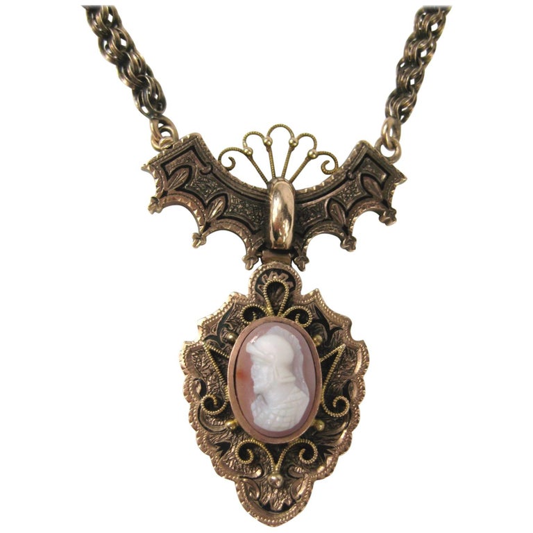 Antique Victorian Rose Gold Greek Male Warrior Cameo Necklace For Sale at 1stdibs