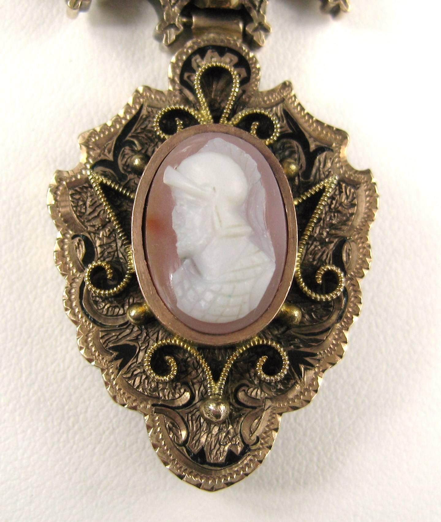 Stunning 10K Rose Gold Warrior Cameo necklace with stunning scroll work. Has a hidden slide clasp. The chain is 18