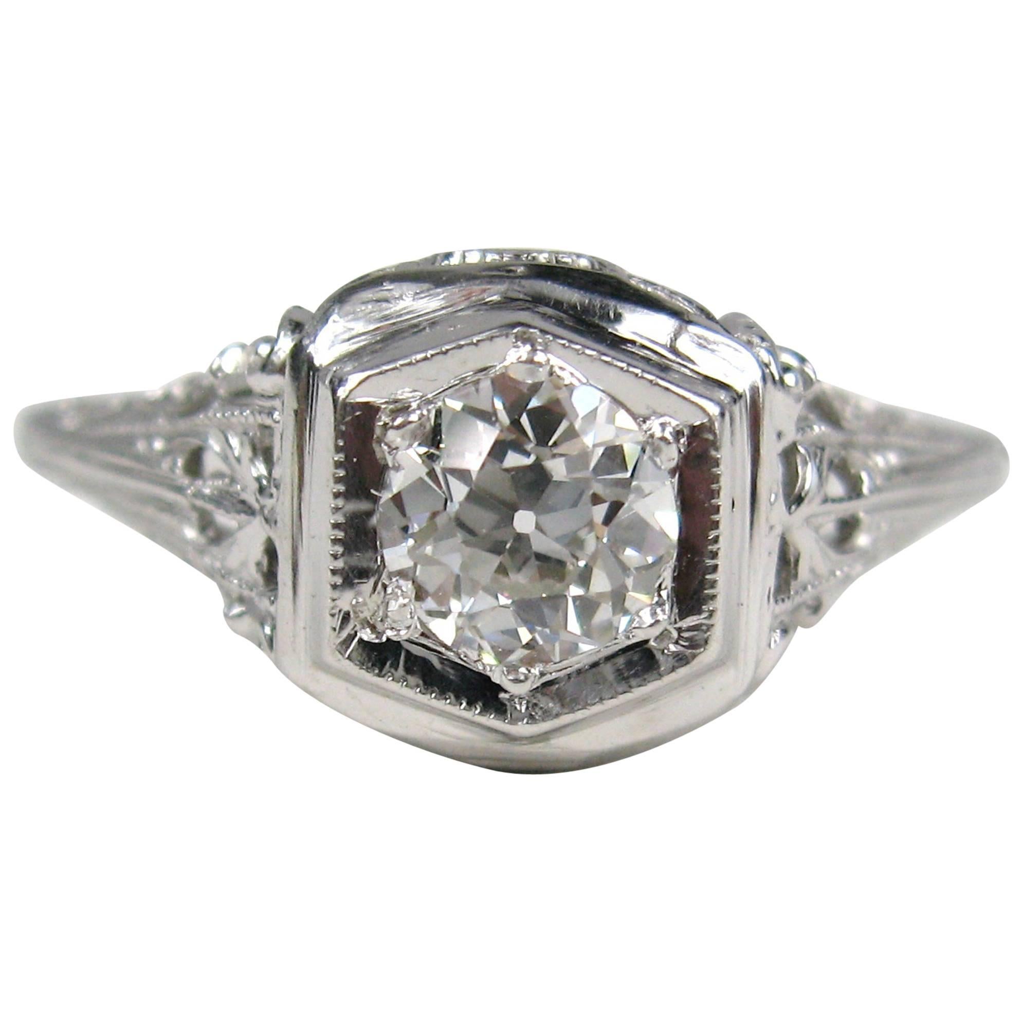 1920s White 14 Karat Gold Art Deco Engagement Diamond Ring