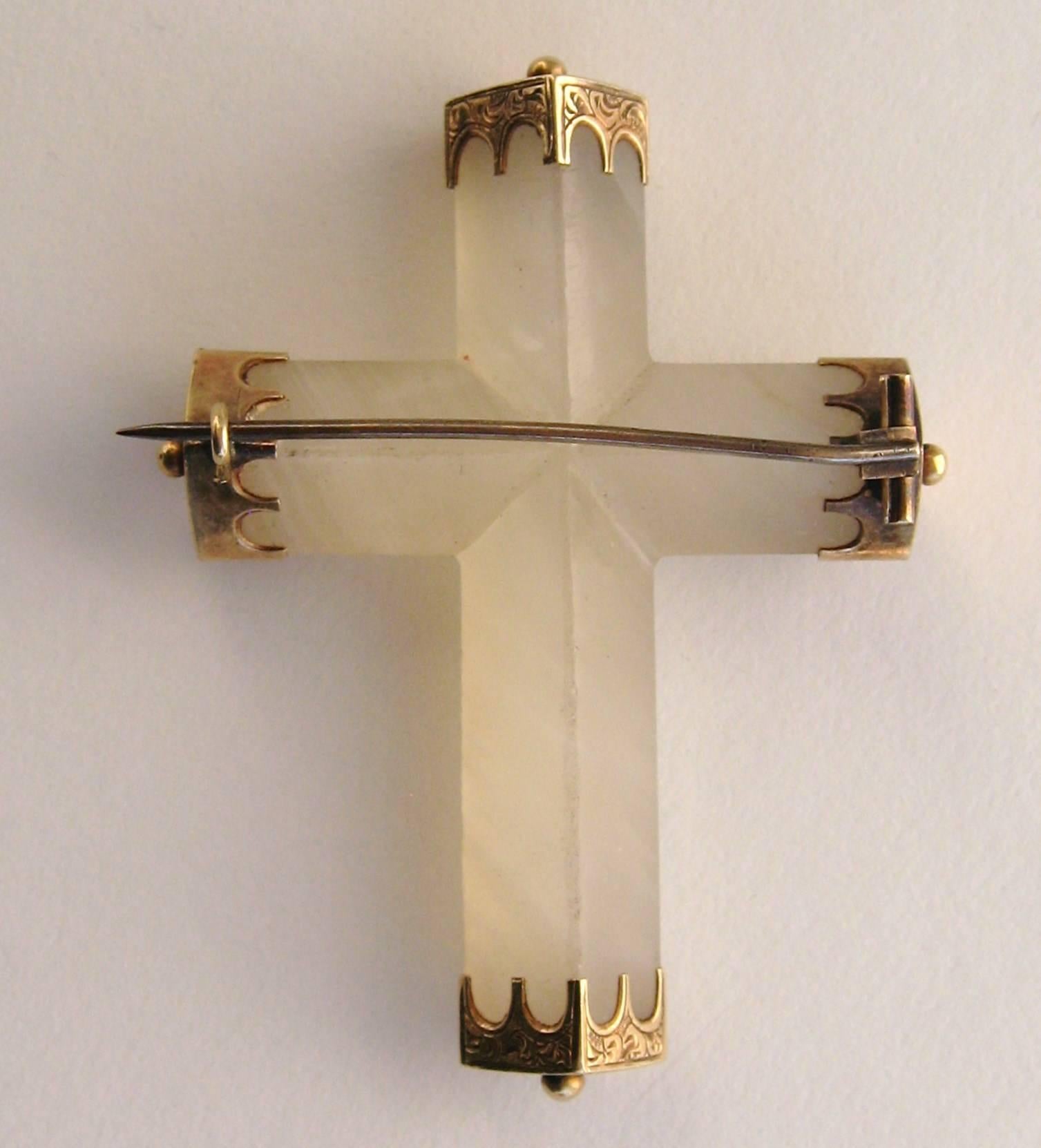 Victorian Antique 14 Karat Gold Quartz Cross Brooch For Sale