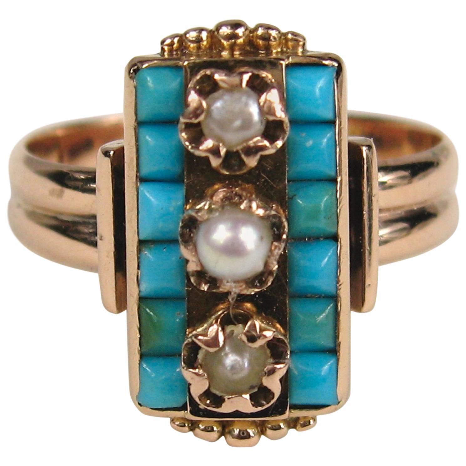 Early Victorian 14 Karat Rose Gold Turquoise Pearl Double Band Ring For Sale